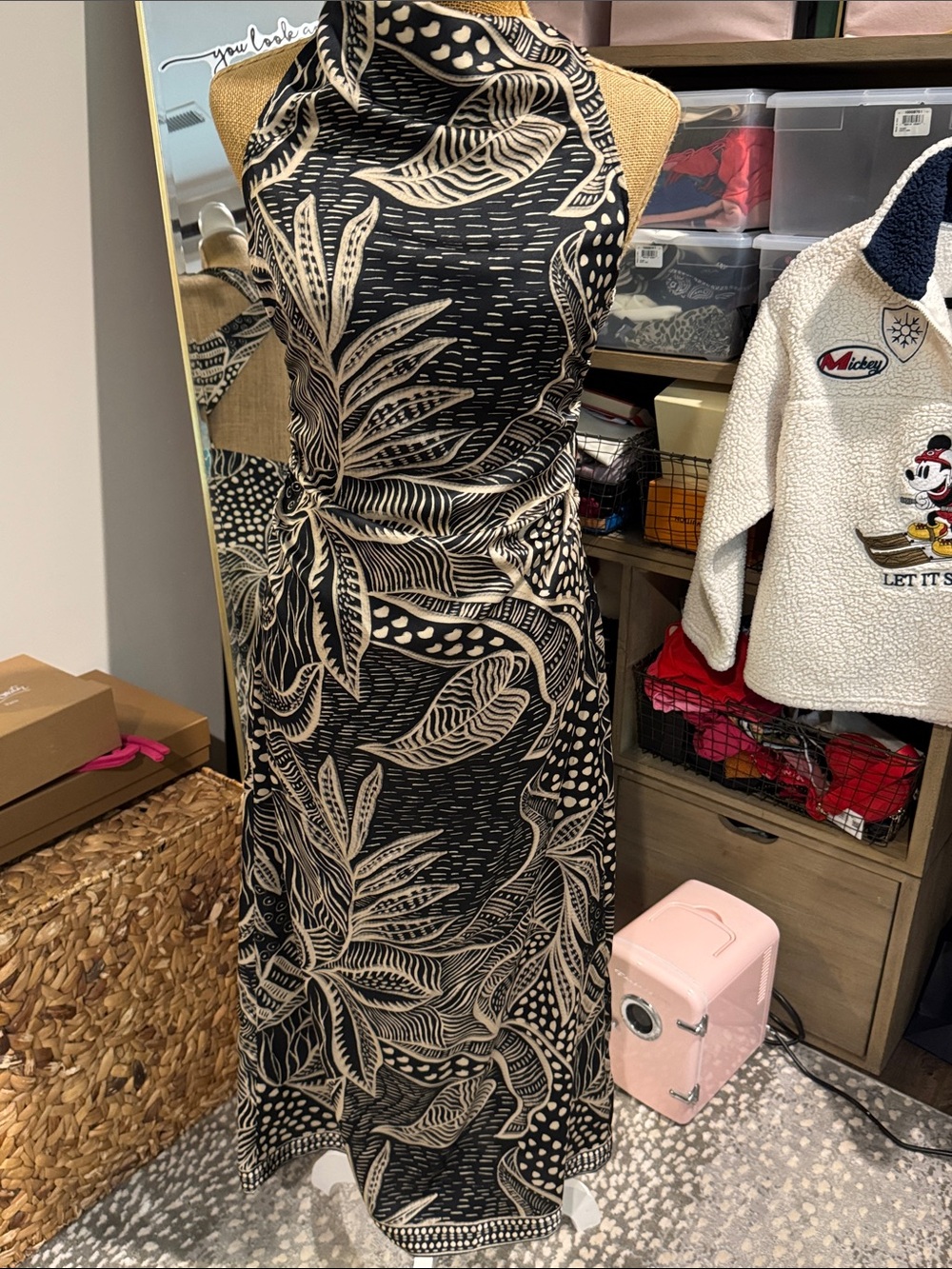ANTONIO MELANI Black and Cream Tropical Print Maxi Dress 2 NWT